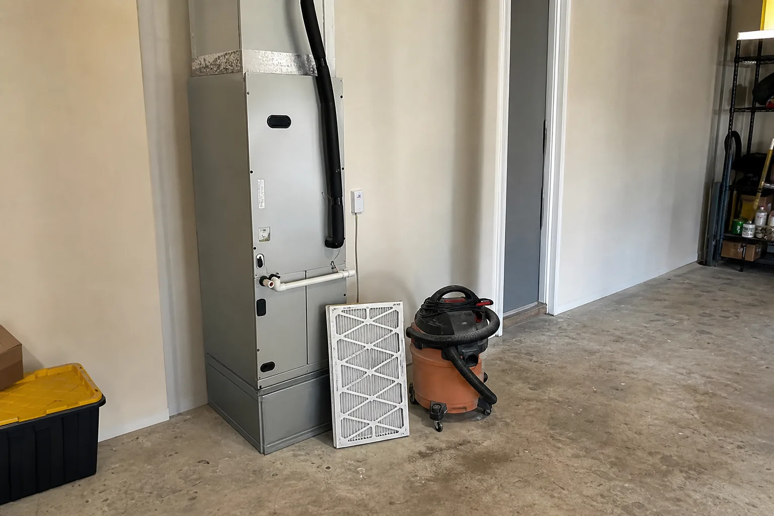 Indoor air handler and filter in a Bay Minette home back room, wiring detail