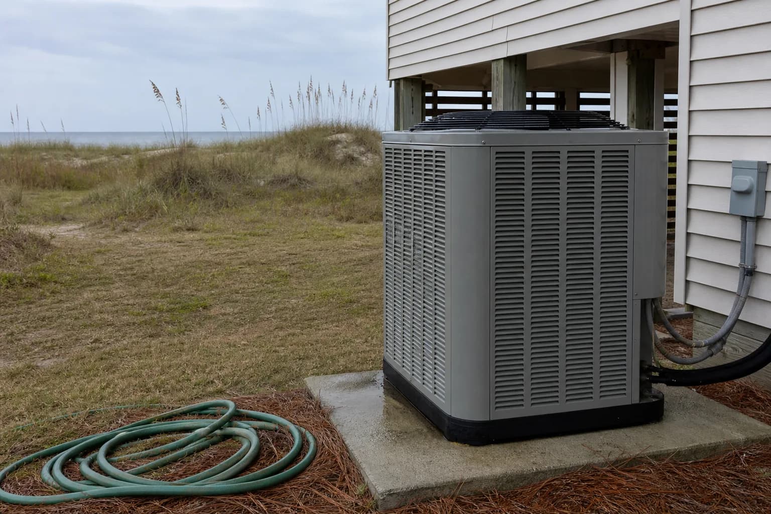 AC unit being maintained at an Orange Beach Gulf-front home, routine check, fall