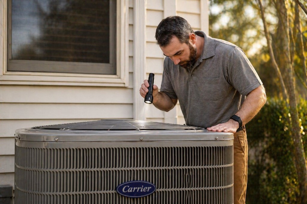 ACExperts technician inspecting residential outdoor air conditioning unit