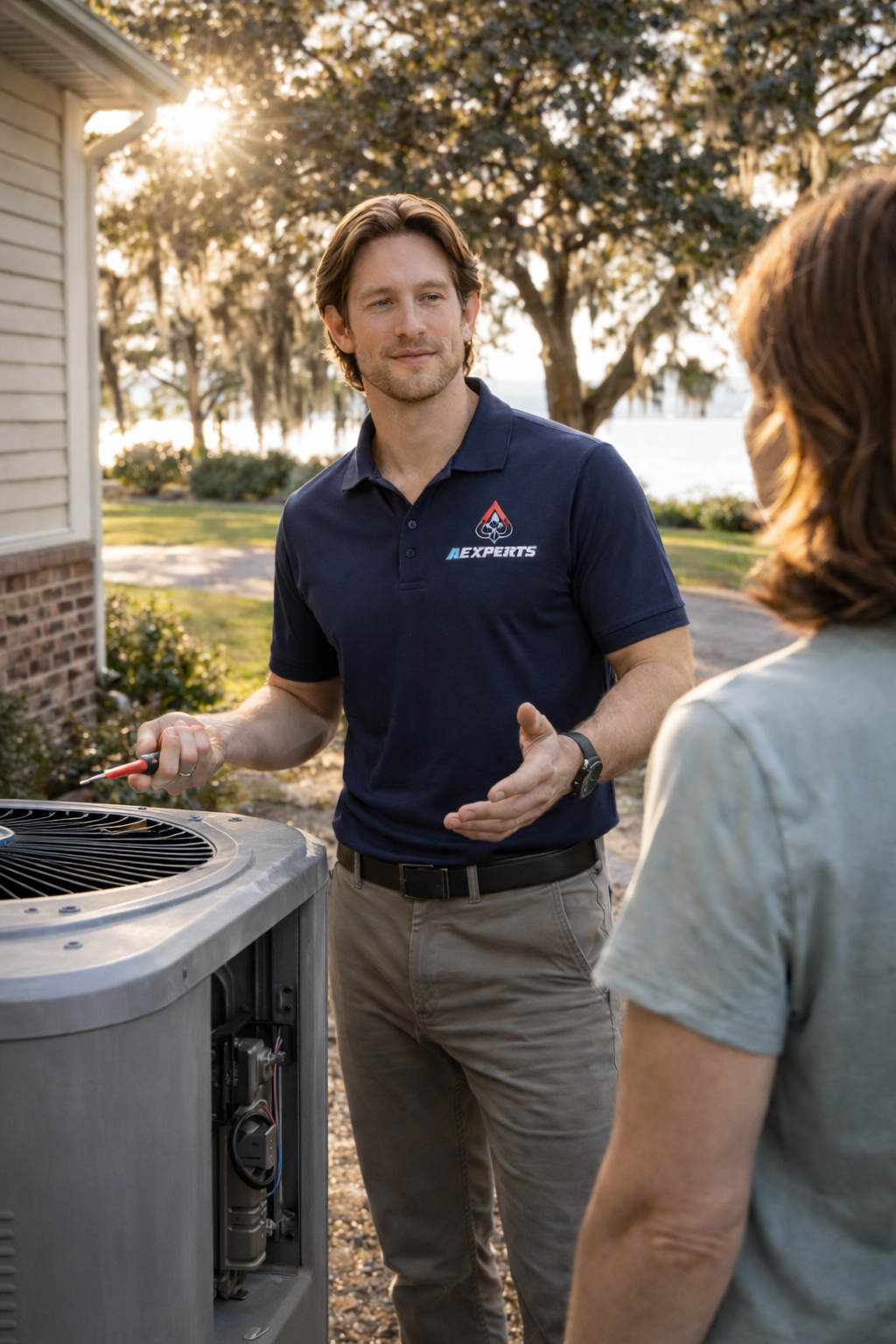 ACExperts technician explaining the diagnosis to a homeowner beside an outdoor AC unit