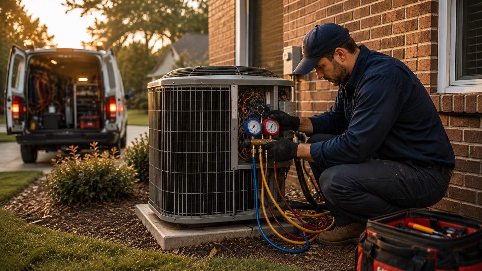 HVAC technician carrying a service toolkit toward a Baldwin County home at dusk for an after-hours emergency response call