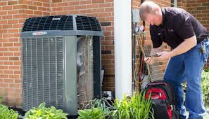 HVAC technician performing annual maintenance on a residential AC unit